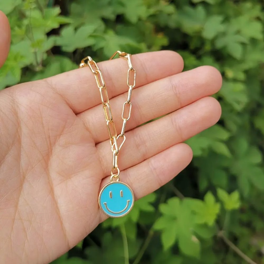 Blue Smiley Face Paperclip Necklaces, Gold Chain  - Positive‎ Happy Jewelry